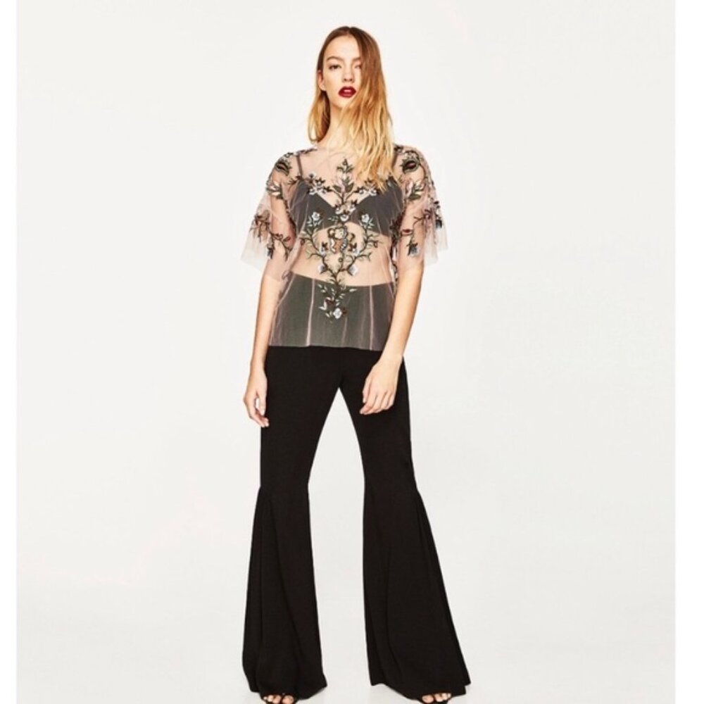 Zara embroidered tulle mesh top with pink and blue flowers